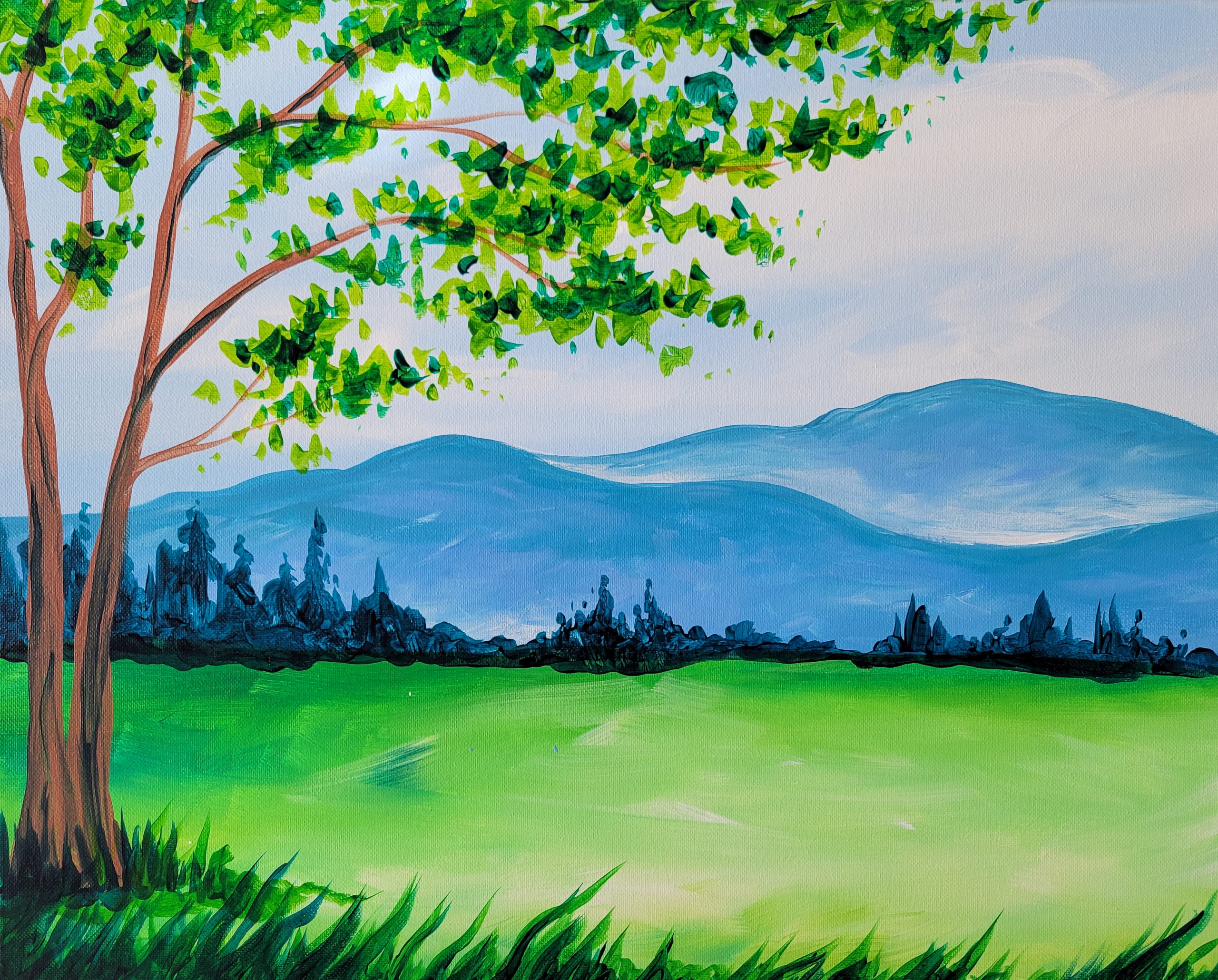 Painting of a mountain view with a tree