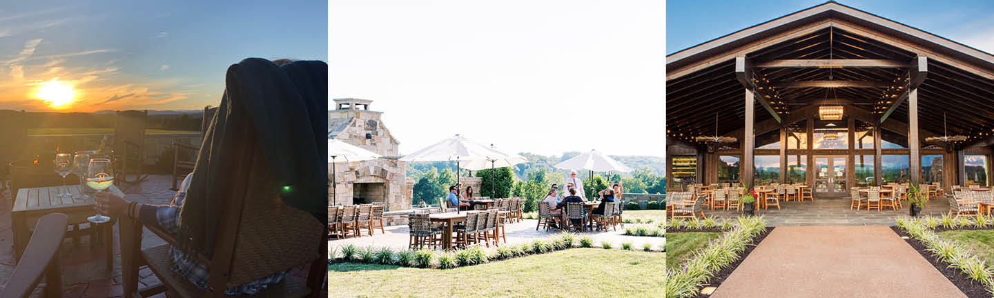 Three outside images - wine by the fire pit, tables by the fireplace, our covered portico